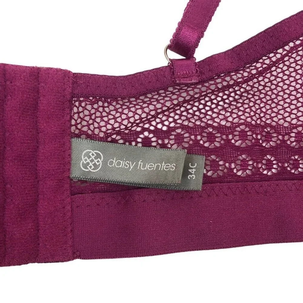 Daisy Fuentes Padded Push Up Bra 34C Pink‎ Floral Lace Underwired Bra